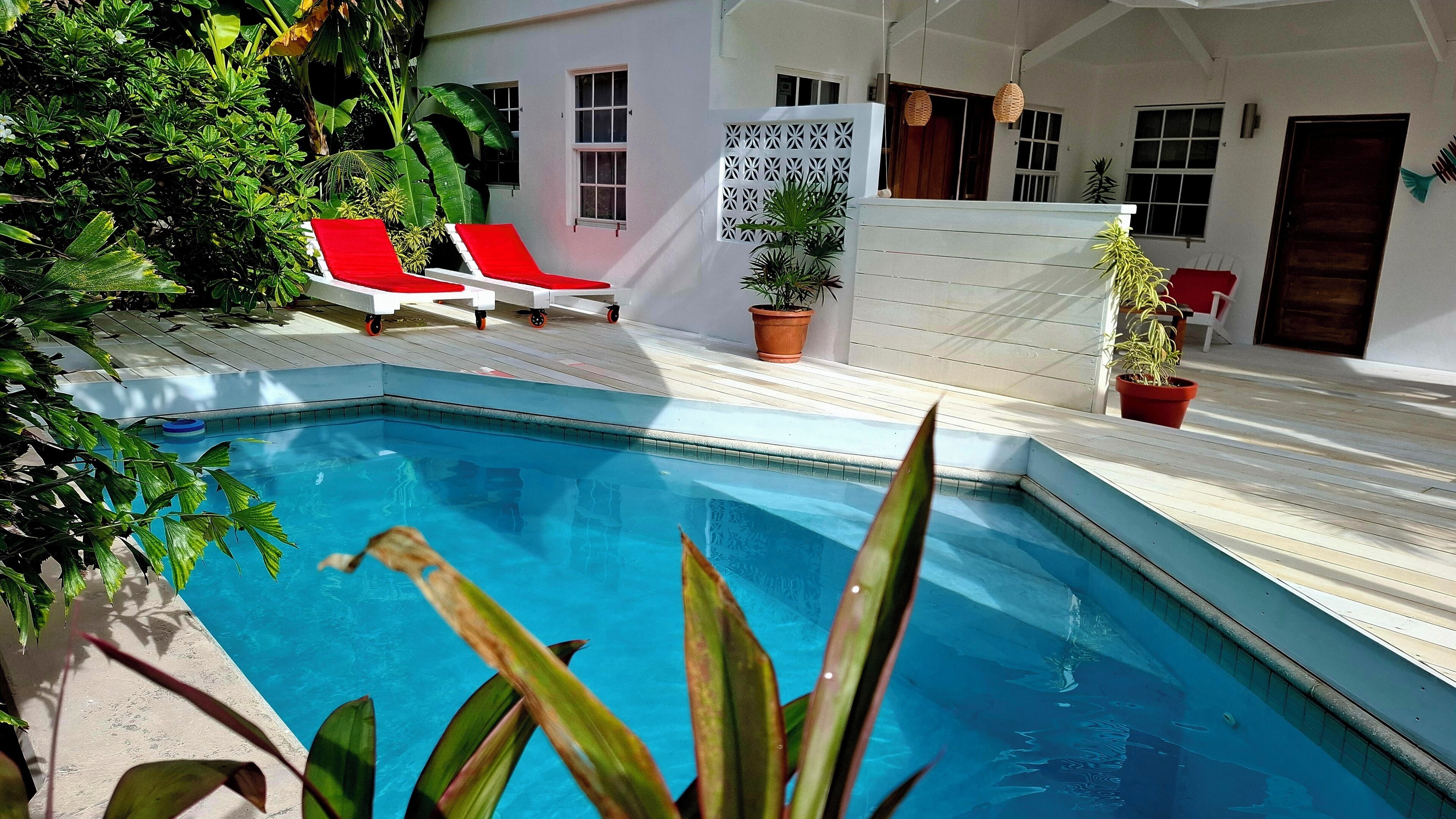 A swimming pool with a tiled deck, surrounded by potted plants and red lounge chairs.