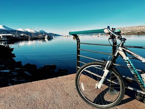 Un vélo est garé au bord de l’eau, dans un endroit paisible, avec des bateaux et des montagnes en arrière-plan.