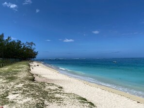 Une plage à l’eau turquoise et limpide, un rivage sablonneux et une rangée d’arbres sur la gauche.