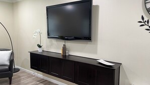 A modern living room with a flat-screen TV mounted on the wall, a dark wooden entertainment unit below, and a potted orchid on the unit. - Modern Home w/ Free WiFi near Seaworld! Small Dog Friendly (San Antonio)