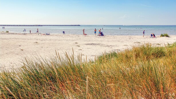 Une plage où des gens se prélassent au soleil et se baignent.