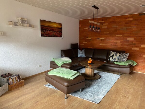 Smart TV, fireplace, books, stereo