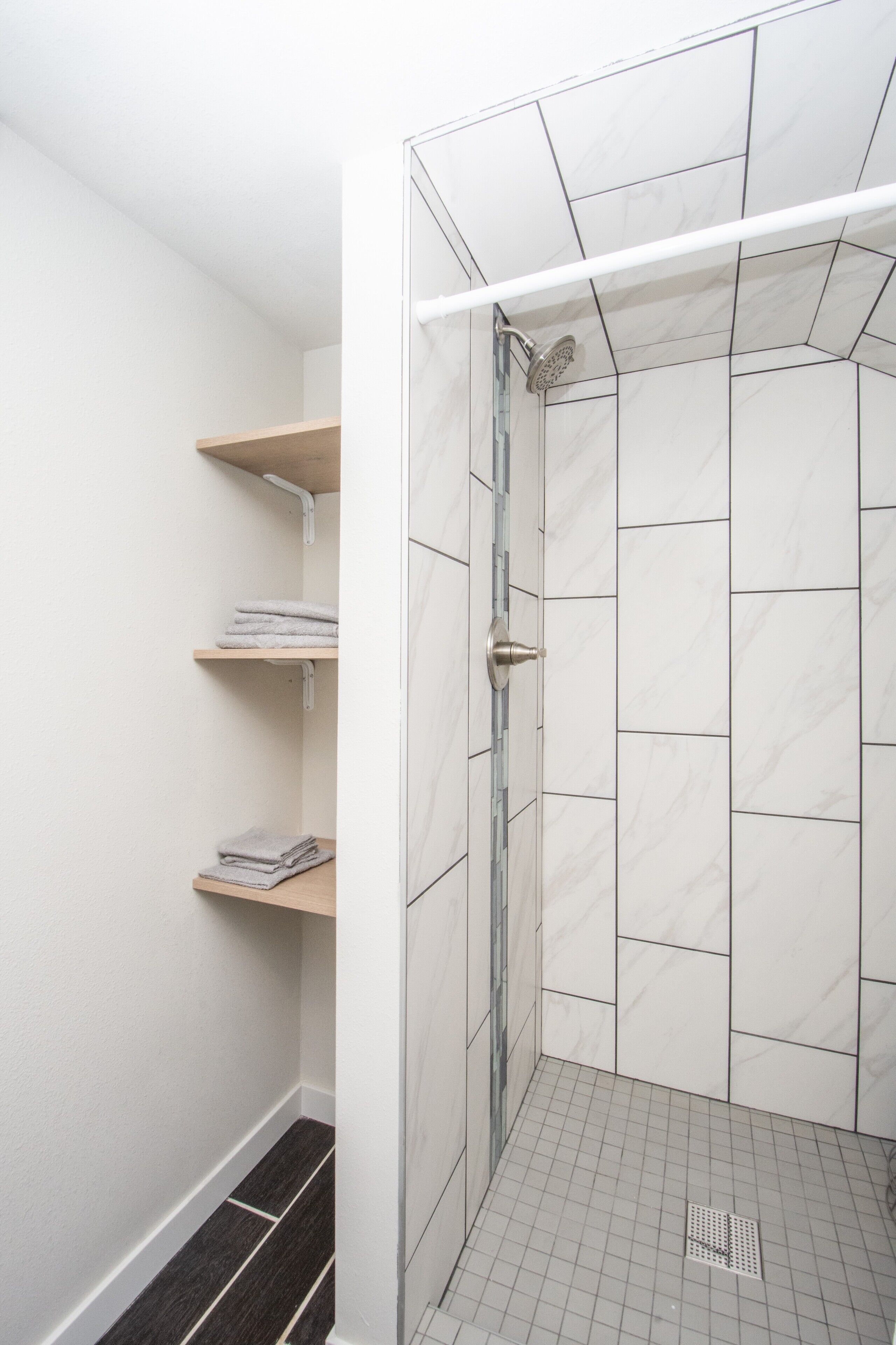 Shower, towels, soap, shampoo