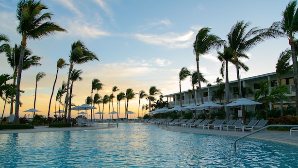 A swimming pool with lounge chairs and umbrellas, surrounded by palm trees and a hotel building. - 2BR Villa w/ Marina Views + Pools | No Hidden Fees (Duck Key)