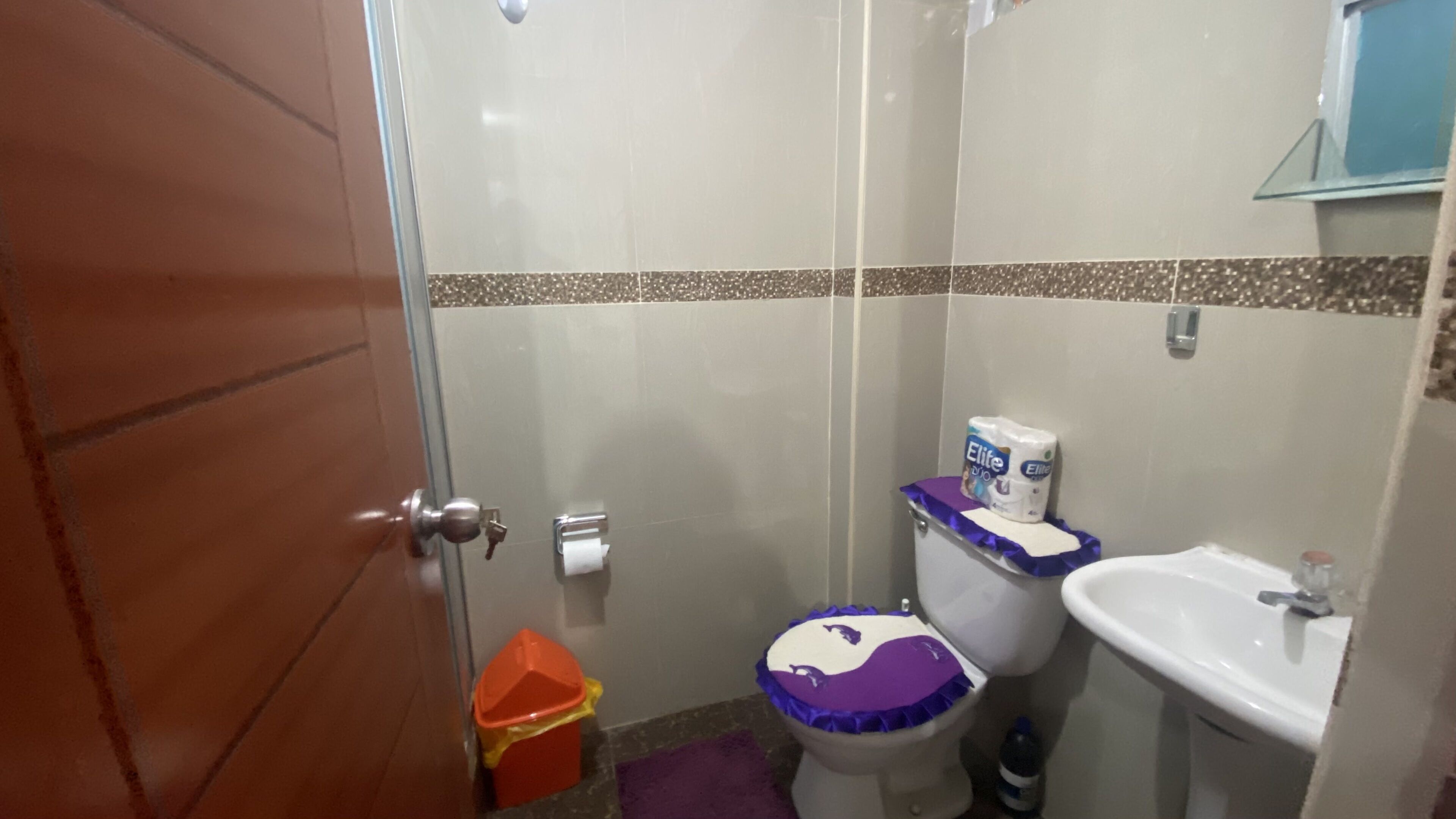 A small bathroom with a toilet, sink, and shower.