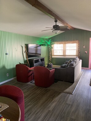 Smart TV, fireplace, video games, table football