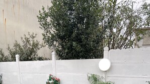Un espace extérieur aménagé avec des meubles en osier et un revêtement de sol en gazon synthétique.