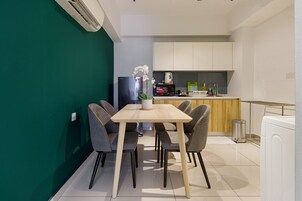 City Studio | Private kitchen | Fridge, microwave, cookware/dishes/utensils, cleaning supplies