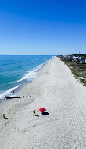 On the beach, sun-loungers, beach towels