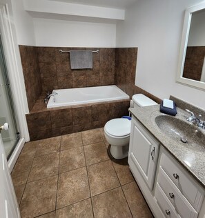 Shower, jetted tub, hair dryer, towels