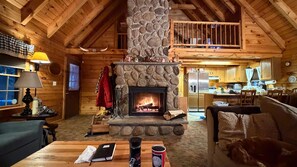 Smart TV, fireplace, DVD player, books