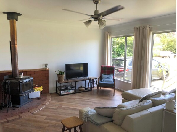 A living room with a fireplace, a television, a sofa, and a chair. - Quiet relaxing home close to beach, lake at your doorstep. (Swanhaven)