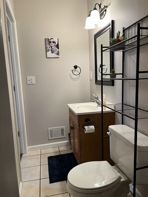 Hair dryer, towels, soap, shampoo