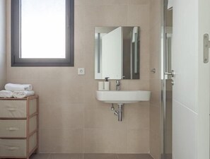 Shower, hair dryer, towels