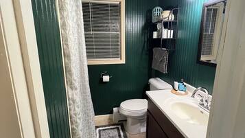 Hair dryer, towels, soap, shampoo