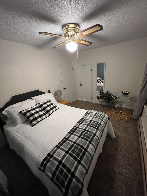A bedroom with a bed, a ceiling fan, a bedside table with a lamp, a small table with a plant, and a door.