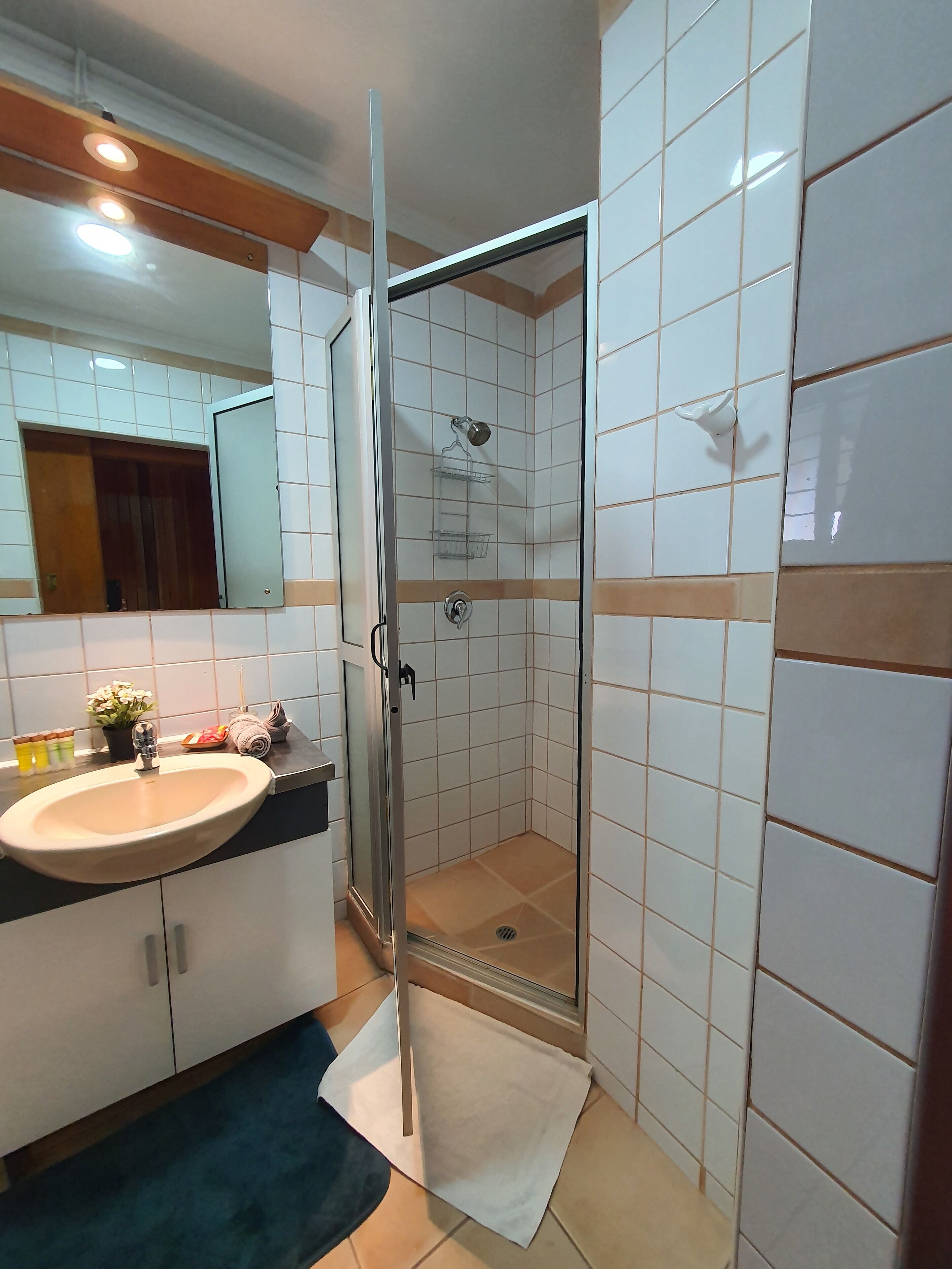 Douche, sèche-cheveux, bidet, serviettes fournies