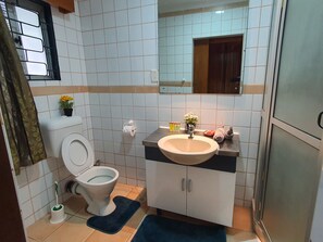 Un baño con inodoro, lavabo y espejo. Hay toallas y un cepillo de dientes en el suelo.