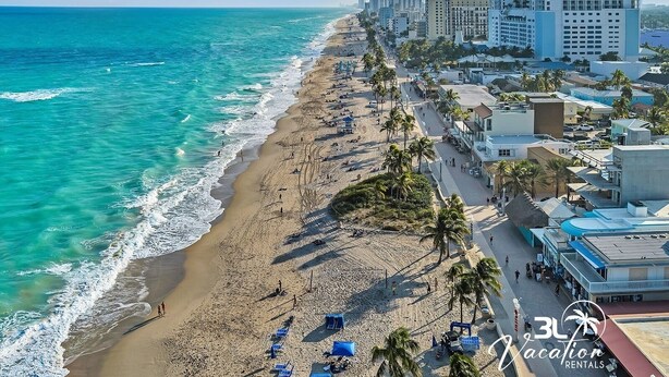 A beachside hotel with a long beachfront, palm trees, and ocean views.