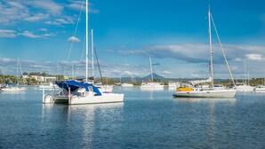 Marina com vários veleiros atracados, água calma e montanha ao fundo.
