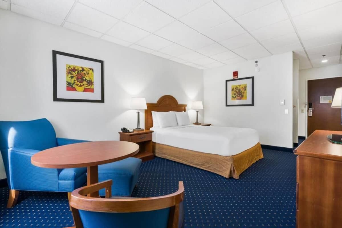 Quarto de hotel com uma cama, um sofá azul, uma mesa redonda de madeira e duas obras de arte emolduradas nas paredes.