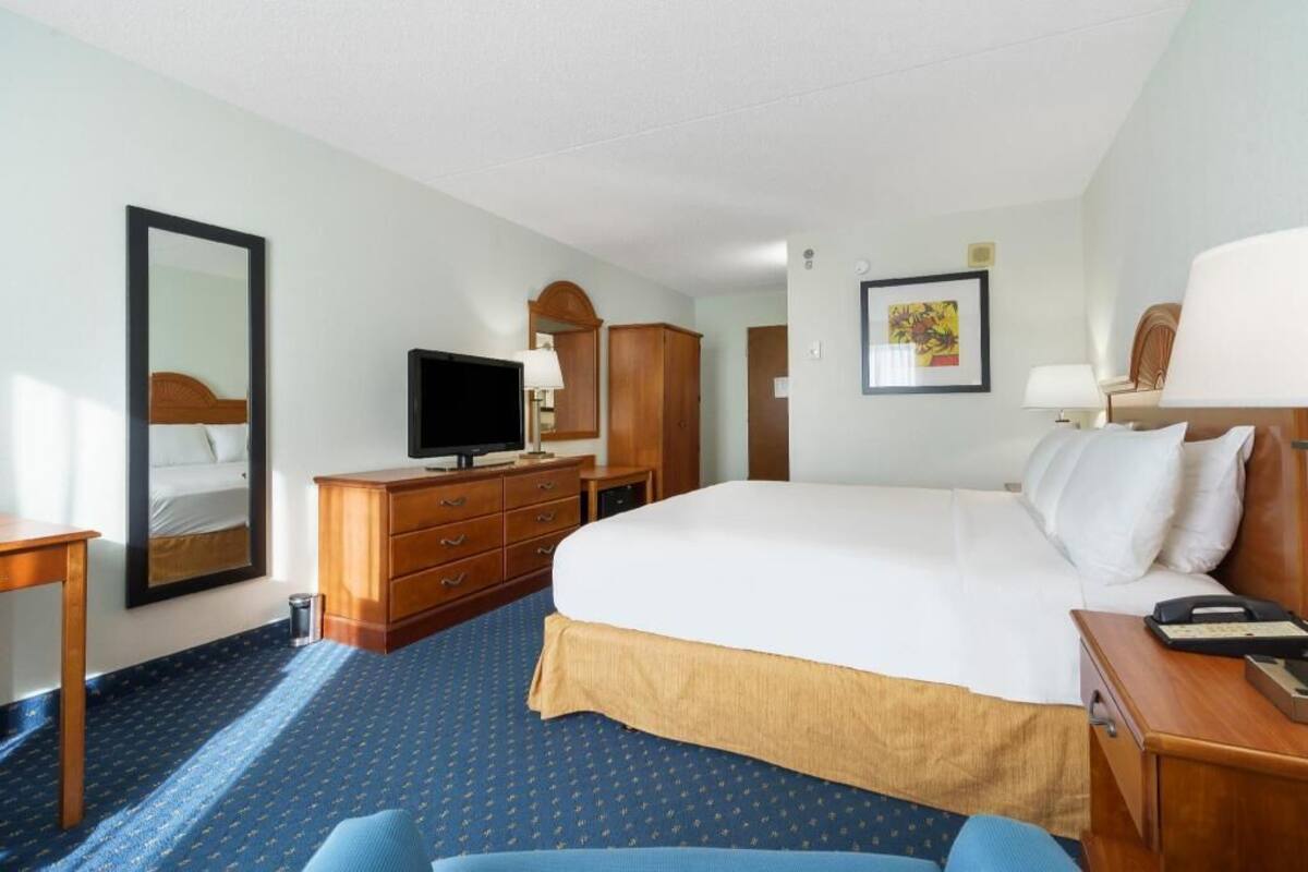 Quarto de hotel com cama, televisão, escrivaninha, cadeira, guarda-roupa e espelho.