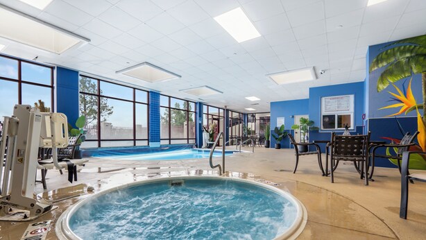 Un área de piscina con un jacuzzi, equipo de ejercicio y un mural de una palmera.