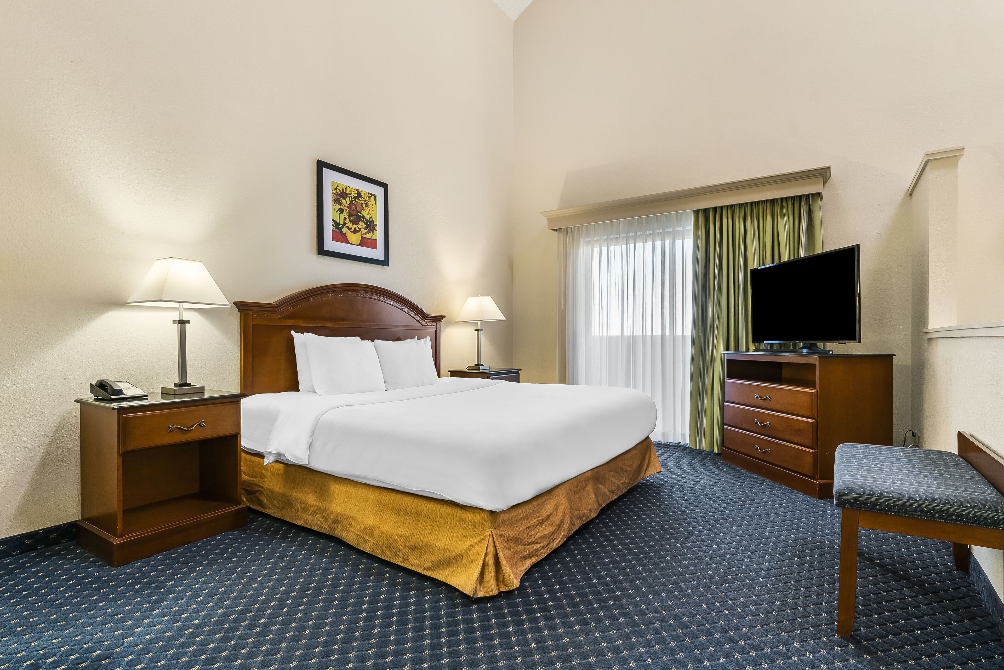 A hotel room with a large bed, two bedside tables with lamps, a TV, a wooden dresser, and a chair.