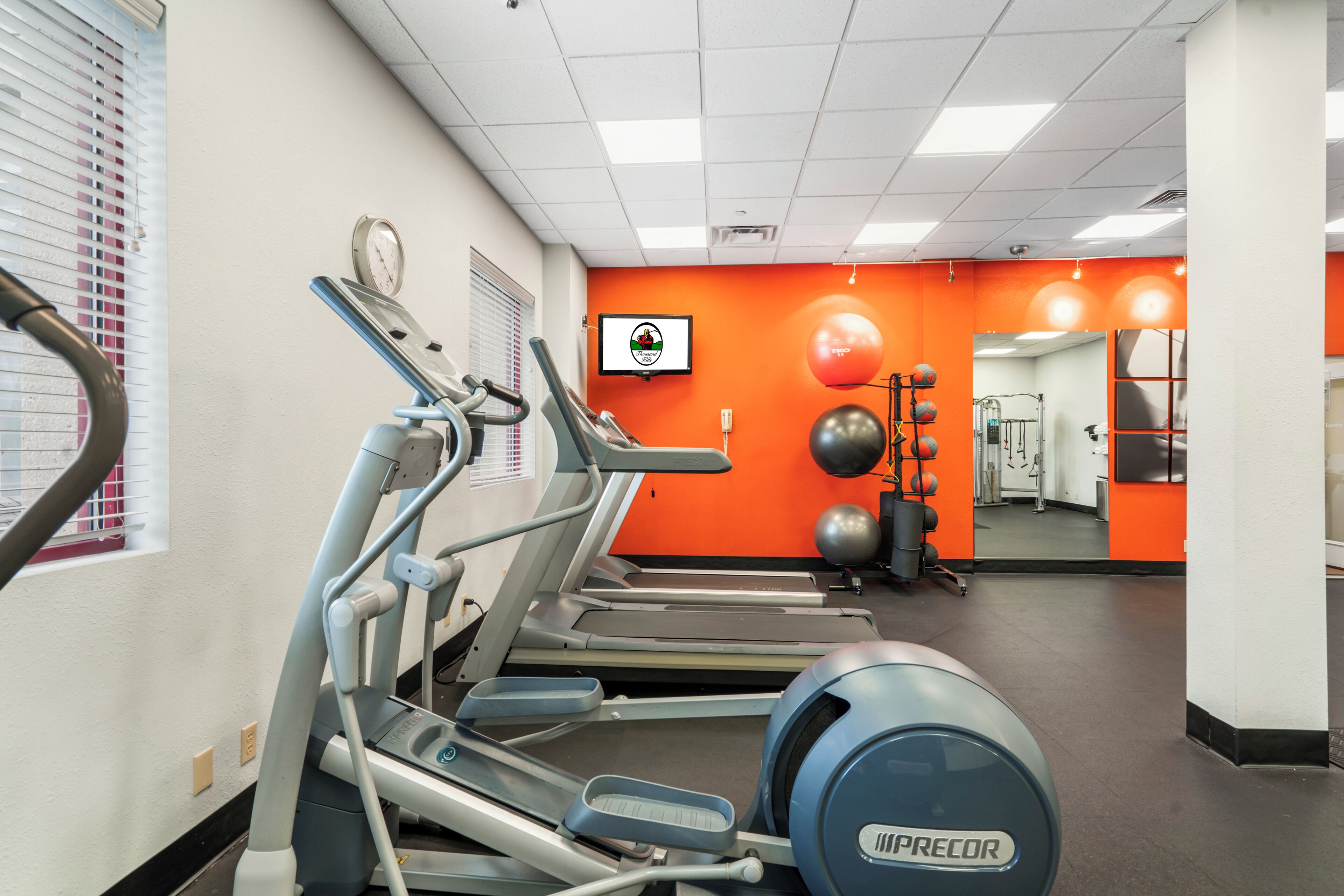 A gym with treadmills, an elliptical, and exercise balls.