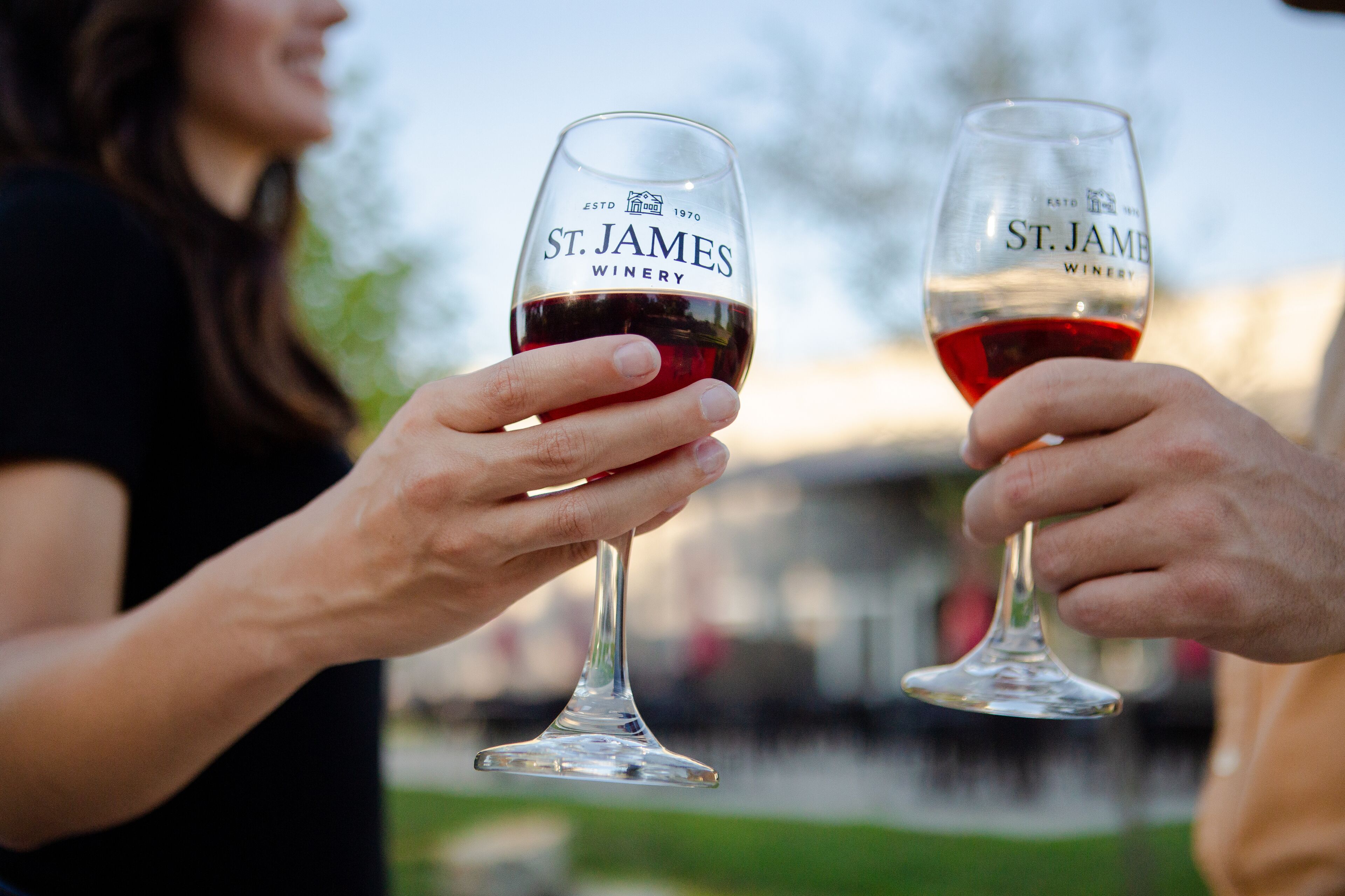Two people holding wine glasses with the label "St. James Winery".