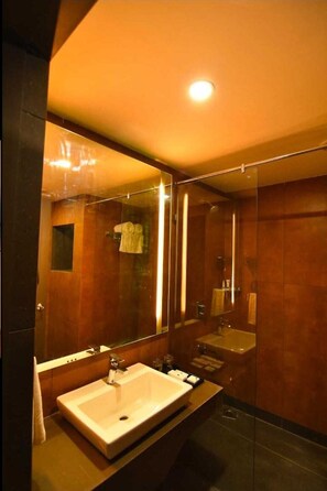 Combined shower/bathtub, rainfall showerhead, towels - The Cent Hotel (Hyderabad)