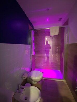 Un baño con inodoro, lavabo y zona de ducha.