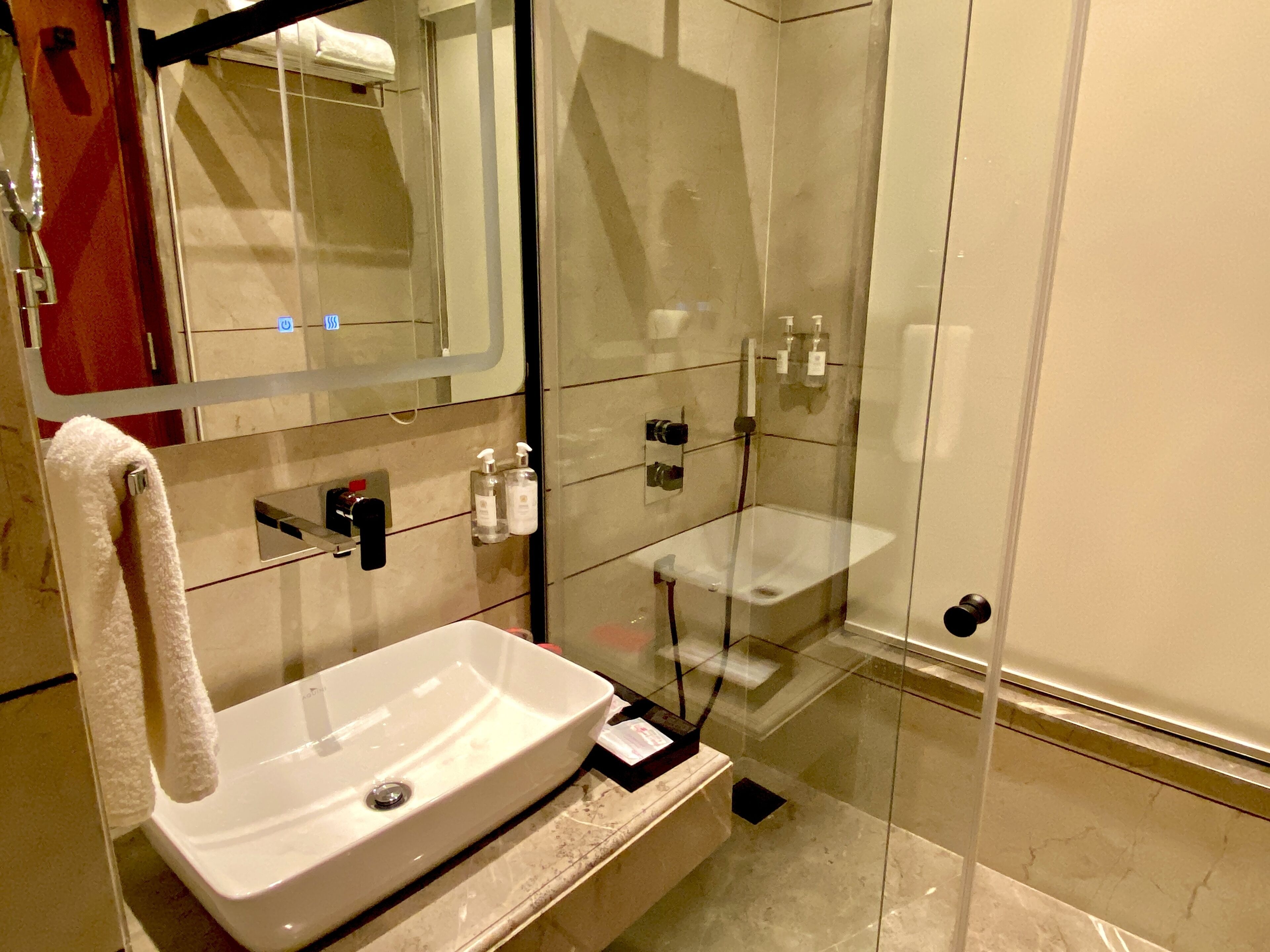 A modern bathroom with a glass-enclosed shower, a white sink, and a mirror.