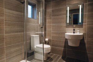 A modern bathroom with a glass shower enclosure, a toilet, and a sink with a mirror above it.