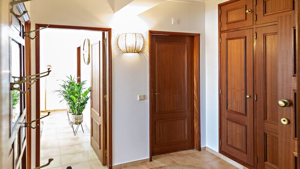 Un pasillo con una puerta de madera, una lámpara en la pared y una planta en maceta.