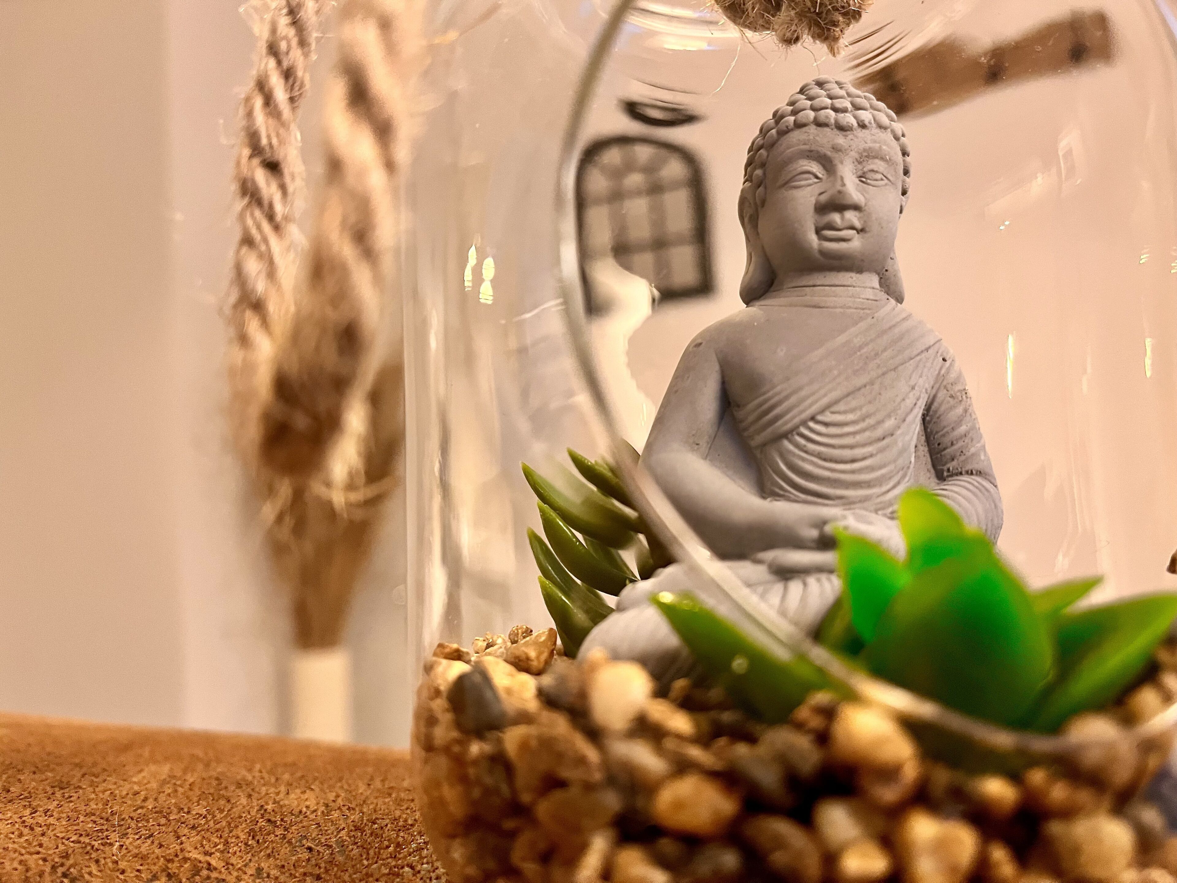 Una statua di Buddha all'interno di un contenitore di vetro trasparente, con ciottoli e piante verdi.