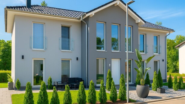 A modern two-story house with a balcony, large windows, and a well-maintained garden. - Nivas - 2 rooms, kitchen, bathroom, 6 persons (Montabaur)