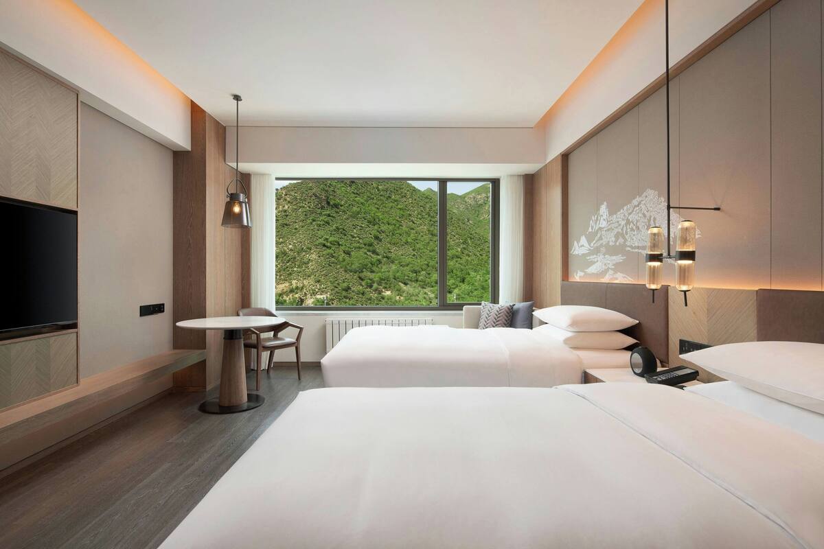 A hotel room with a large bed, a desk, a chair, a TV, and a window with a view of greenery.