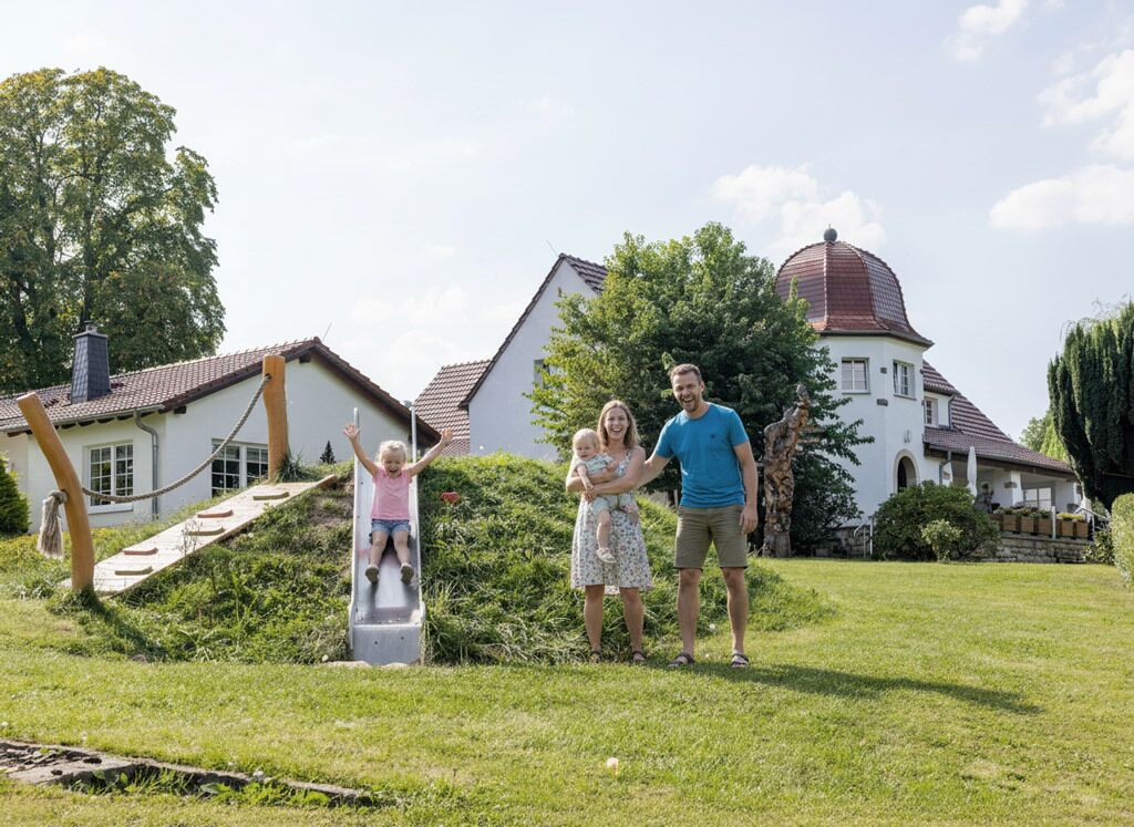 Een gezin met een kind glijdt van een glijbaan in een gazon, met een huis op de achtergrond.