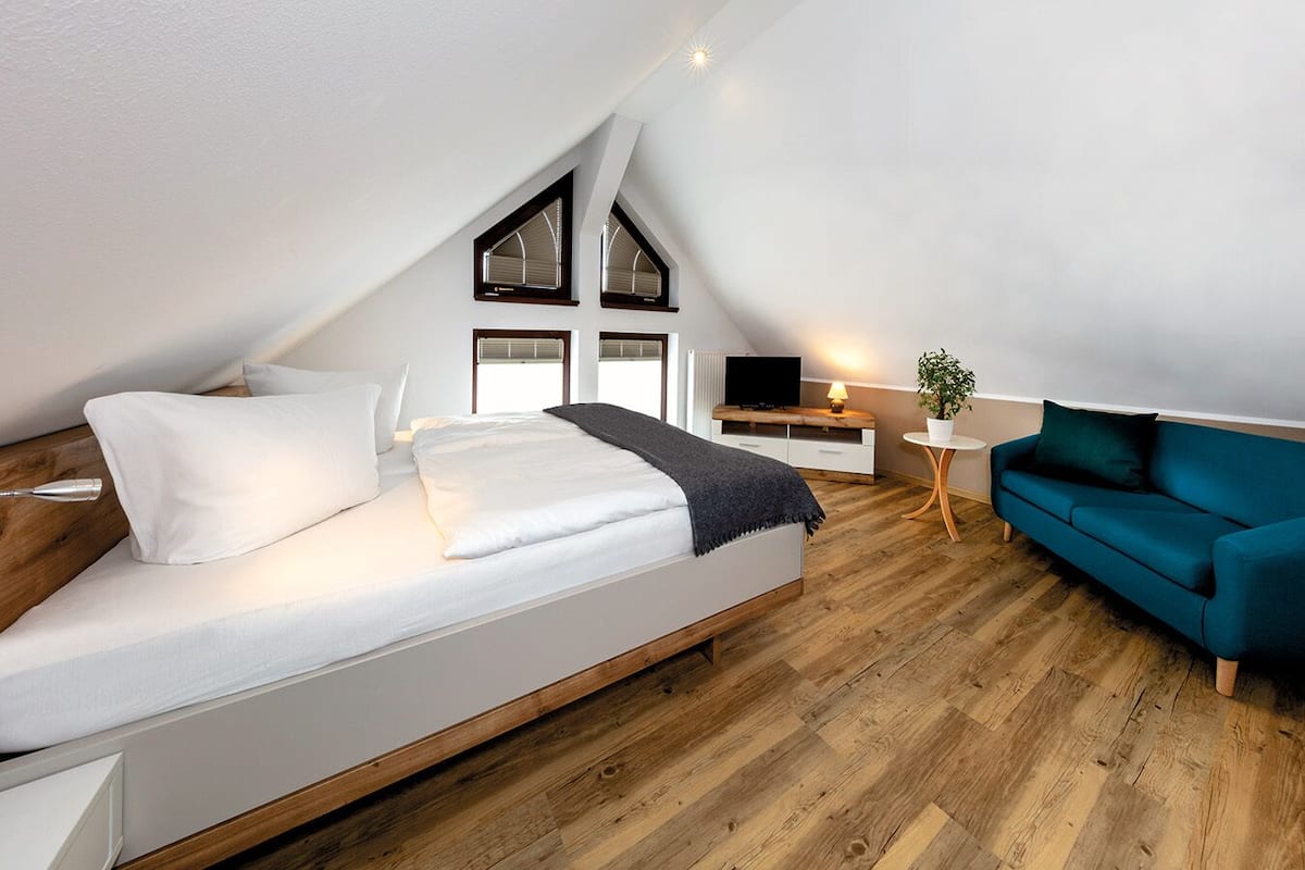 Une chambre moderne avec un lit de style industriel, un petit bureau avec une télévision, un canapé bleu et une plante en pot.