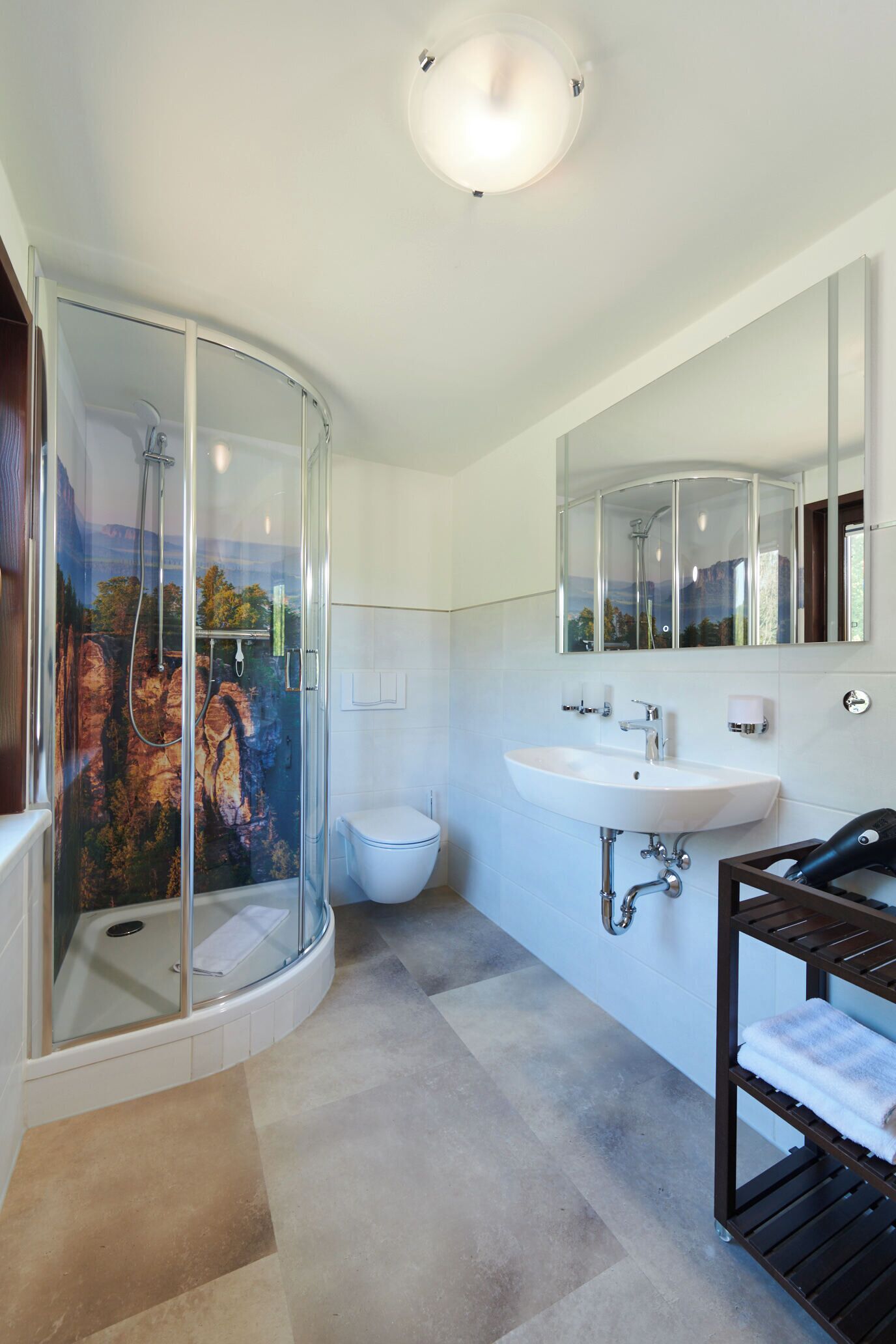 A modern bathroom with a glass-enclosed shower, a white sink, a toilet, and a mirror above the sink.
