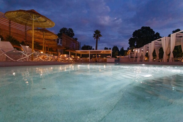 Indoor pool, outdoor pool, open 8:00 AM to 7:00 PM, pool umbrellas