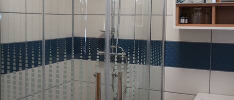 Shower, hair dryer, towels, toilet paper