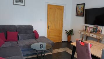 Smart TV, fireplace, books, stereo