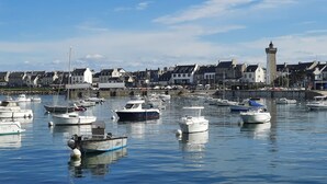 Un port de plaisance où sont amarrés différents types de bateaux, un phare et, au loin, une rangée de maisons.