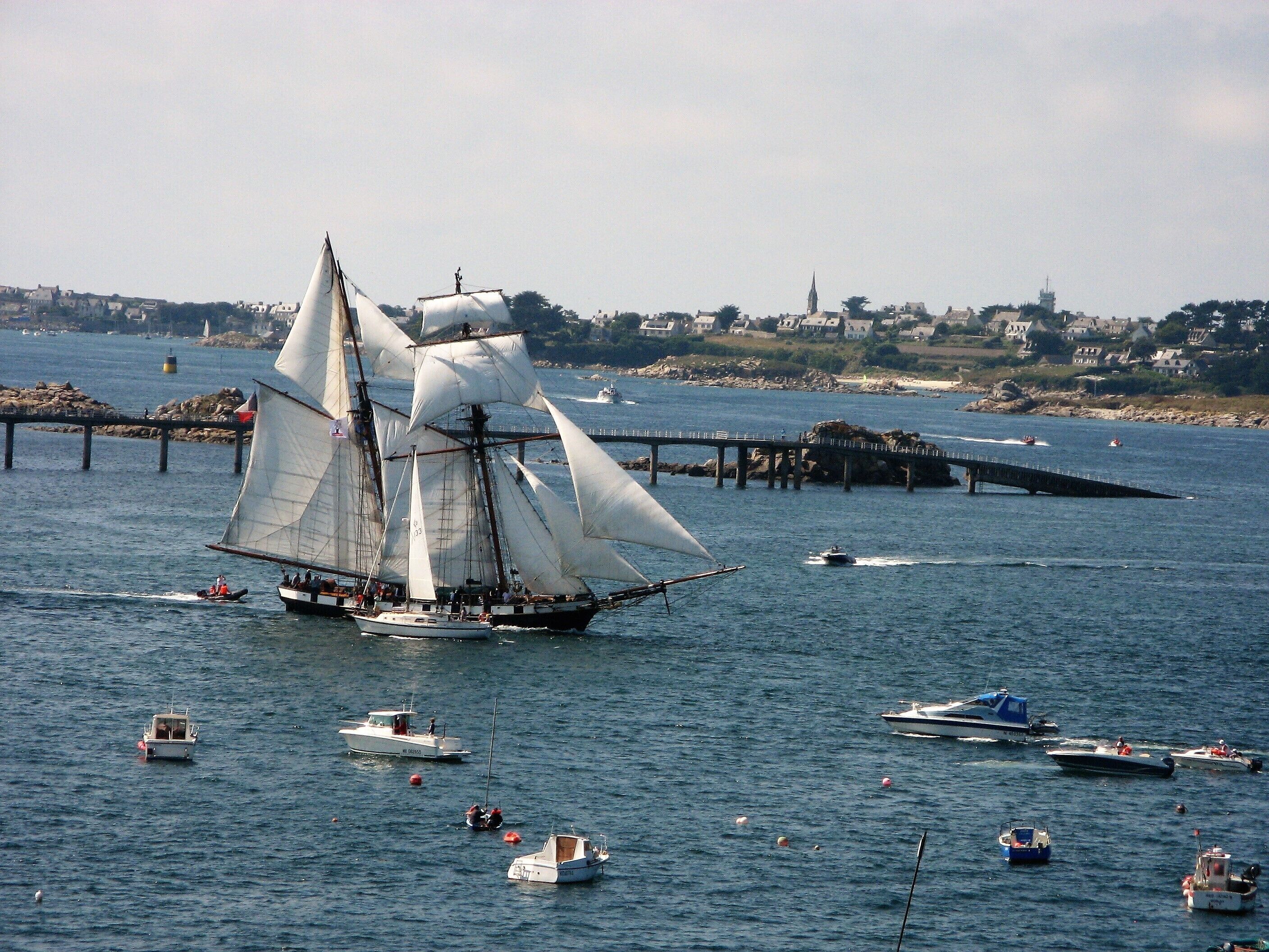 Un voilier avec plusieurs voiles navigue sur une étendue d’eau, entouré de plus petits bateaux et avec un quai en arrière-plan.