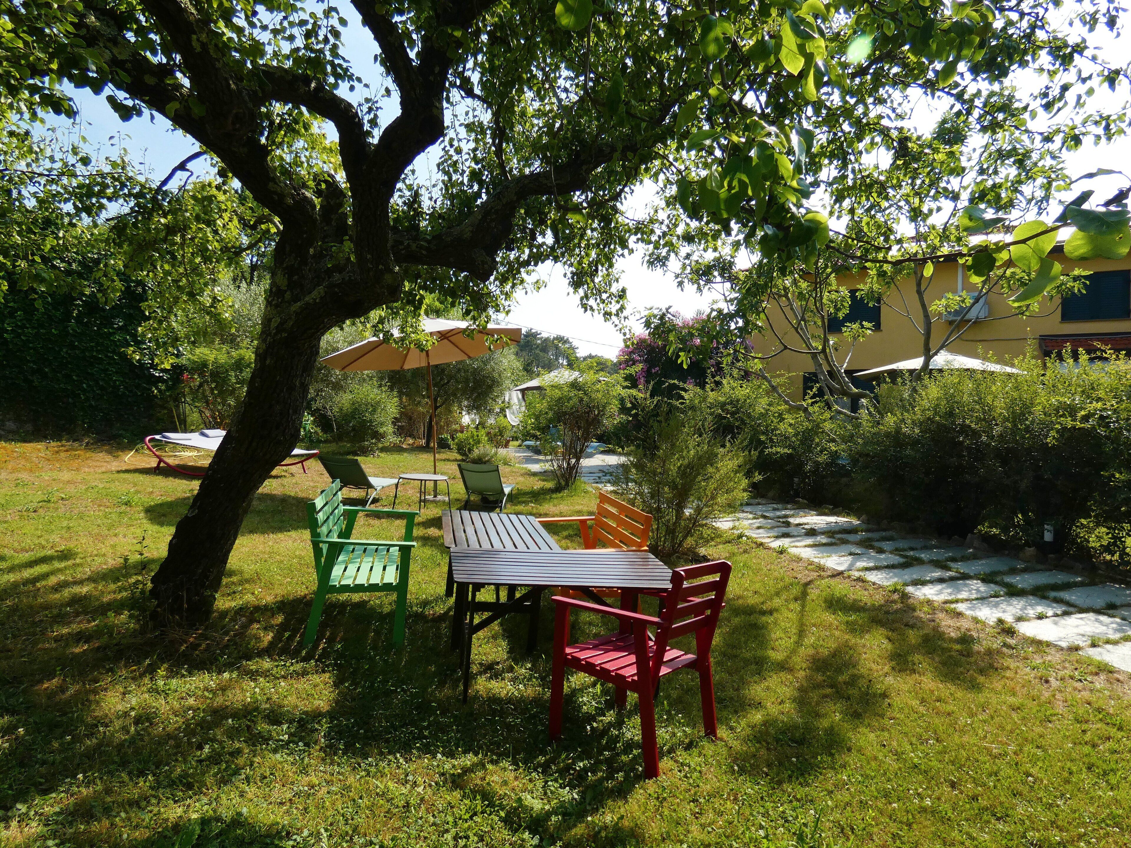Ein Sitzbereich im Freien mit Tisch und Stühlen, umgeben von Pflanzen und einem Baum.
