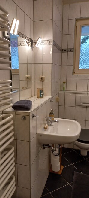 Chuveiro, secador de cabelo, toalhas de banho, sabonete