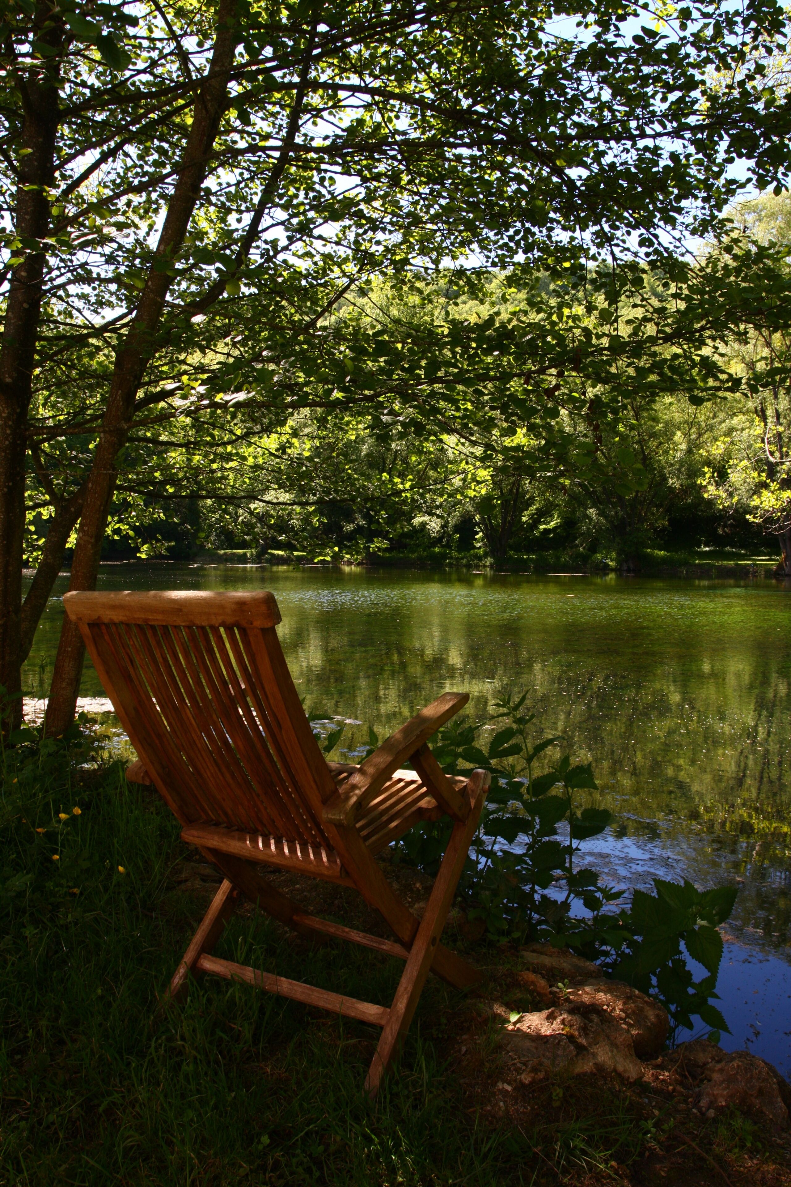 A wooden chair by a calm lake surrounded by lush greenery.