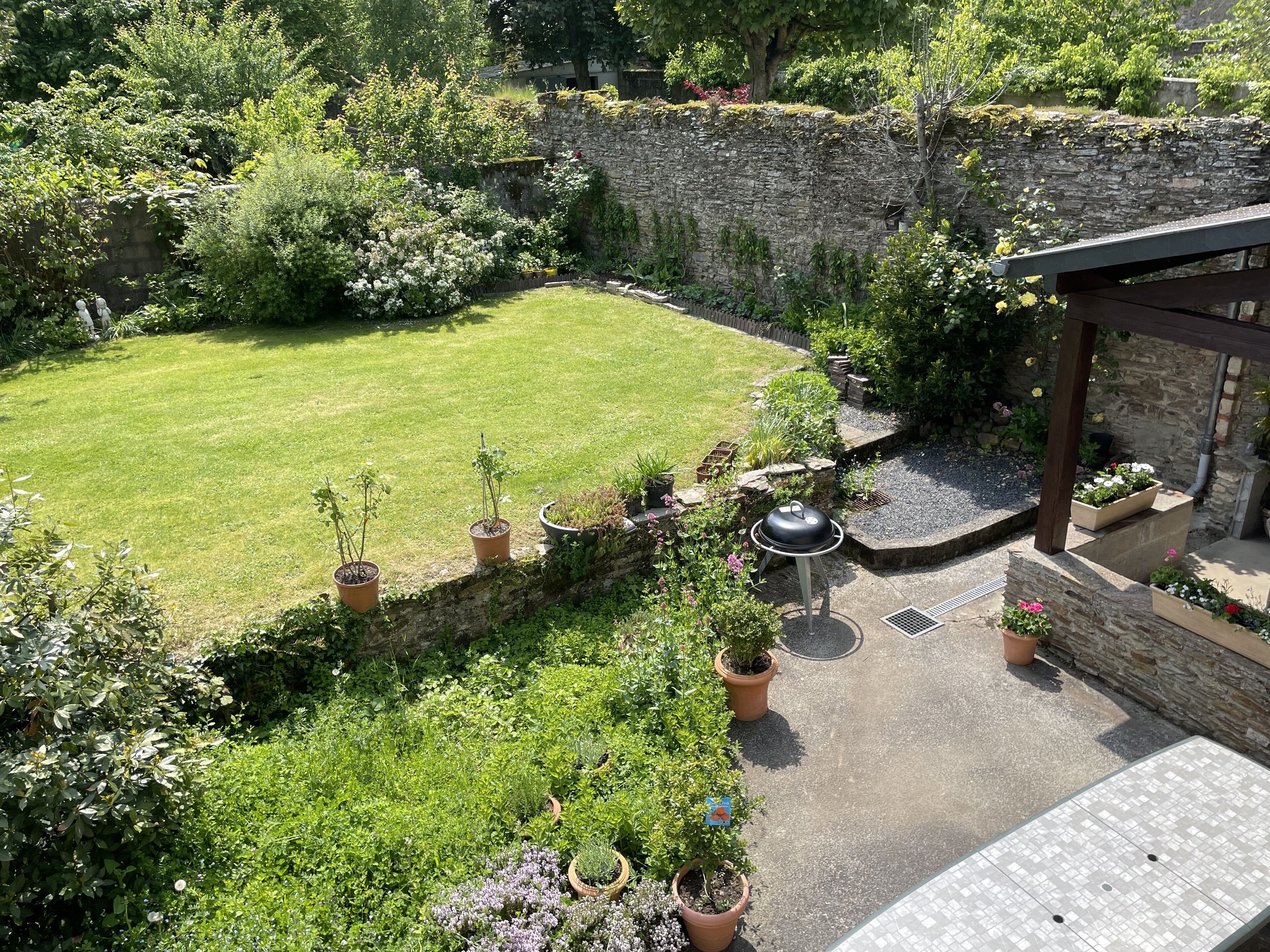 A well-maintained garden with a grassy lawn, potted plants, a barbecue area, and a stone wall.